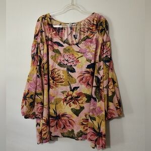 Women's Floral V-Neck Blouse - Pink & Mustard